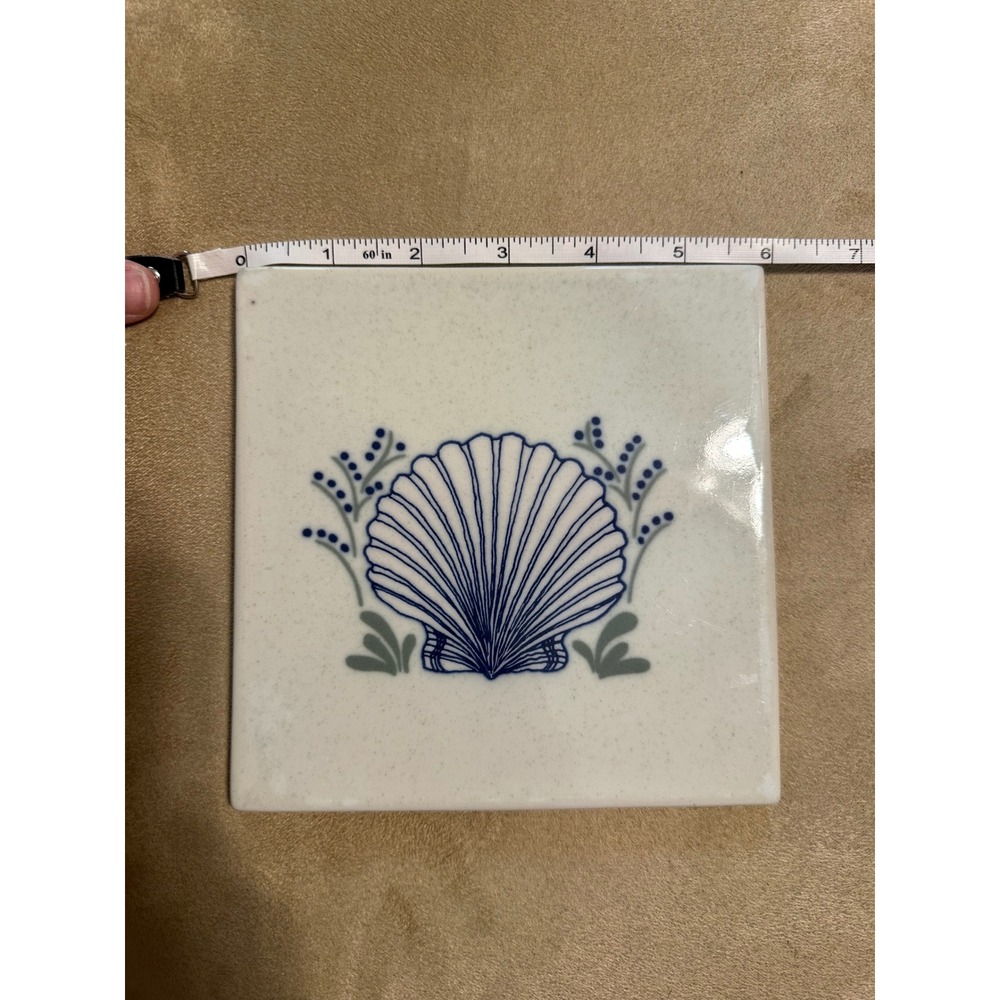 Vintage 6x6 Ceramic Decorative Trivet Tile Blue Seashell Coastal Glazed Cream - Picture 3 of 5